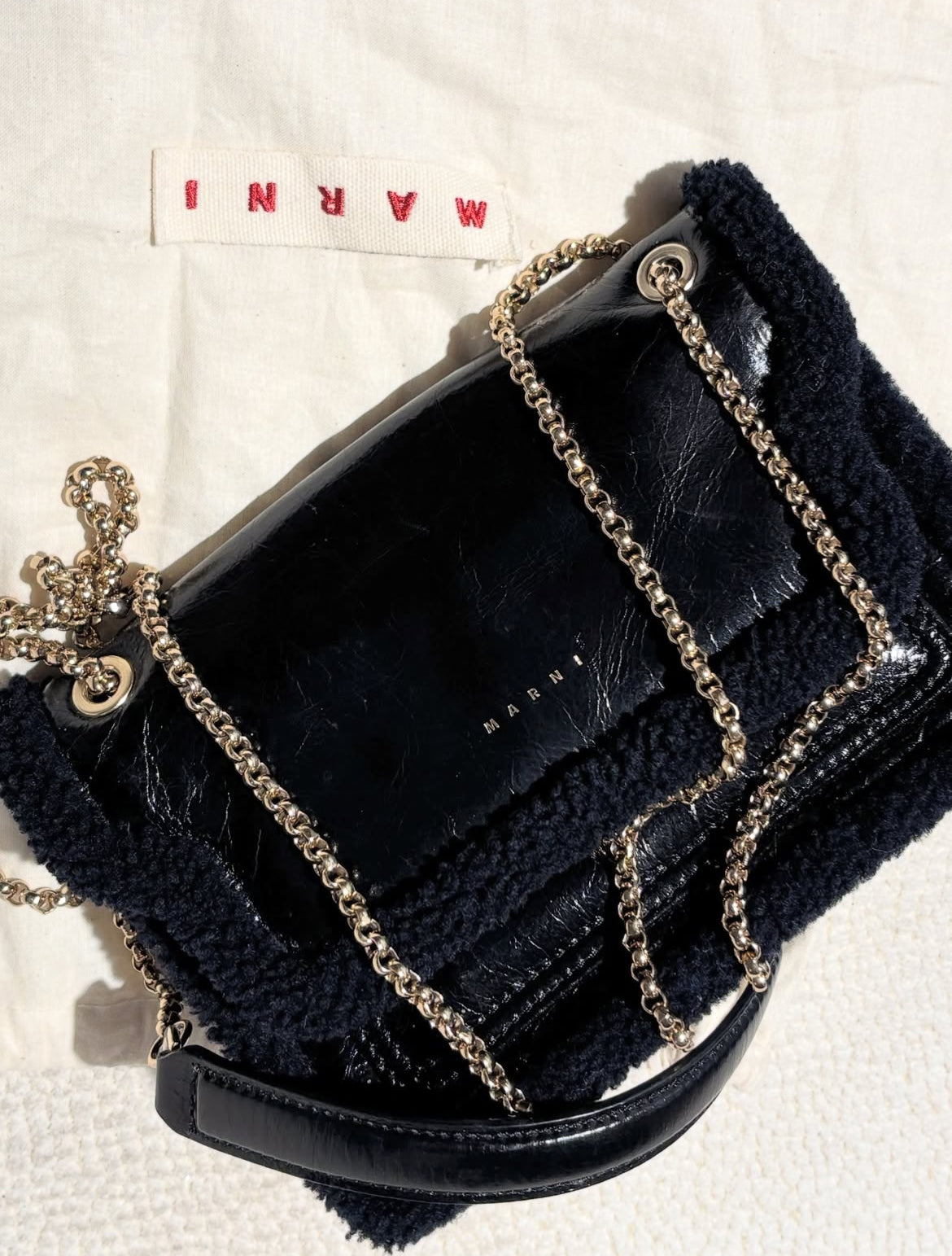 Marni Bag - Black Leather with Faux Fur Trim