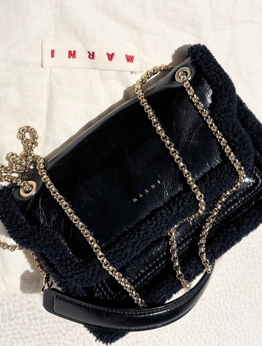 Marni Bag - Black Leather with Faux Fur Trim