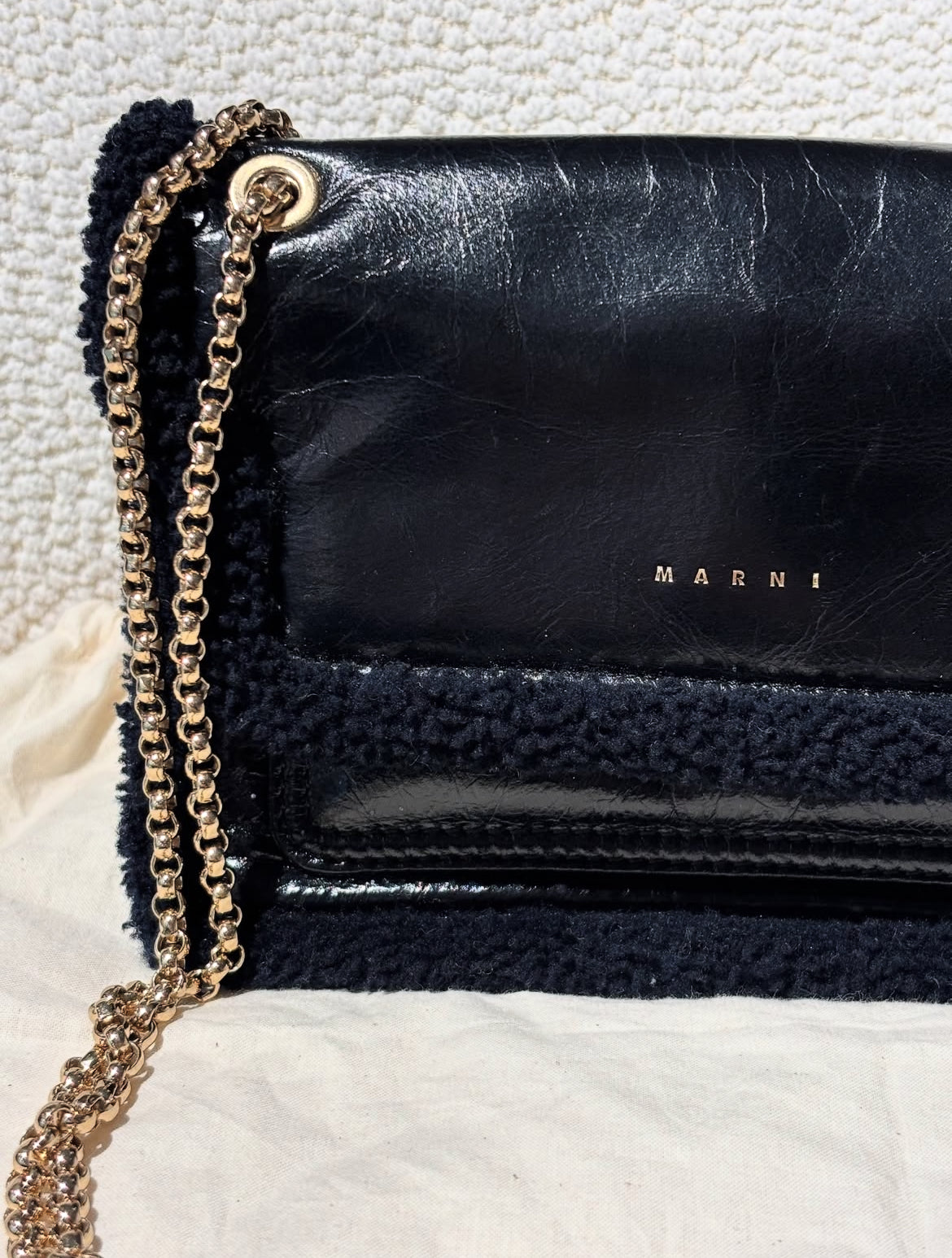 Marni Bag - Black Leather with Faux Fur Trim