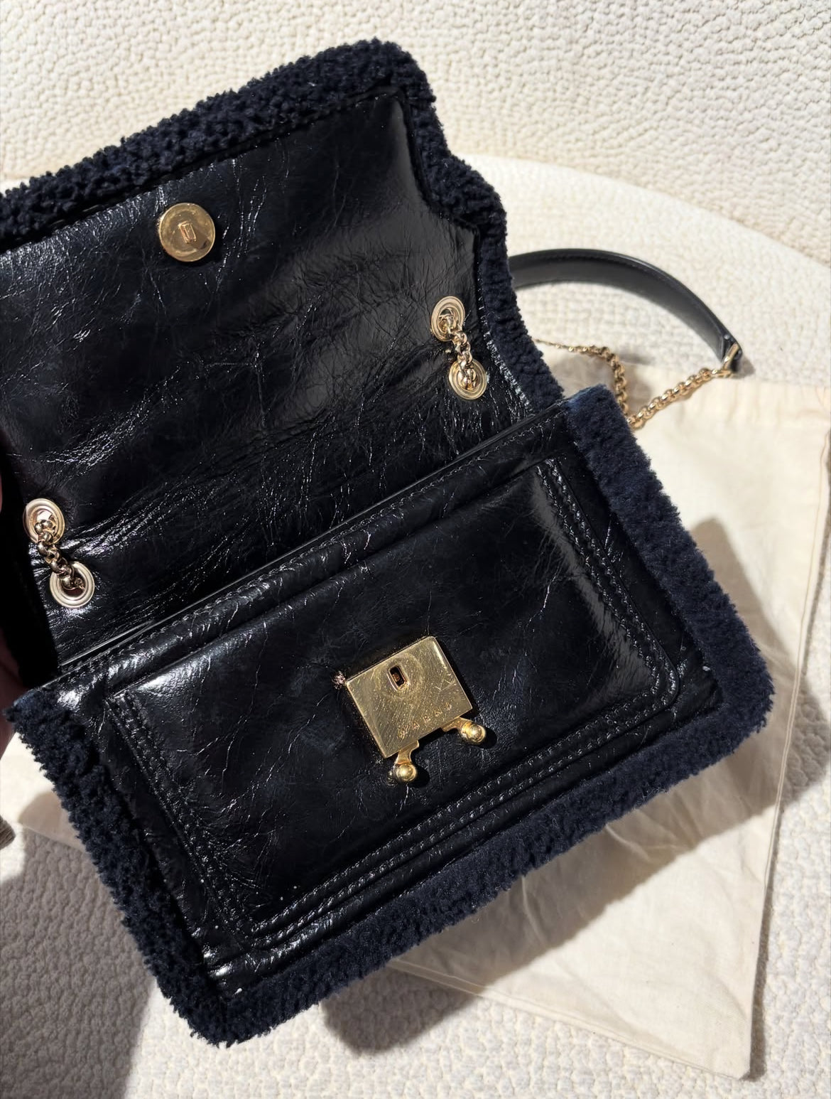 Marni Bag - Black Leather with Faux Fur Trim