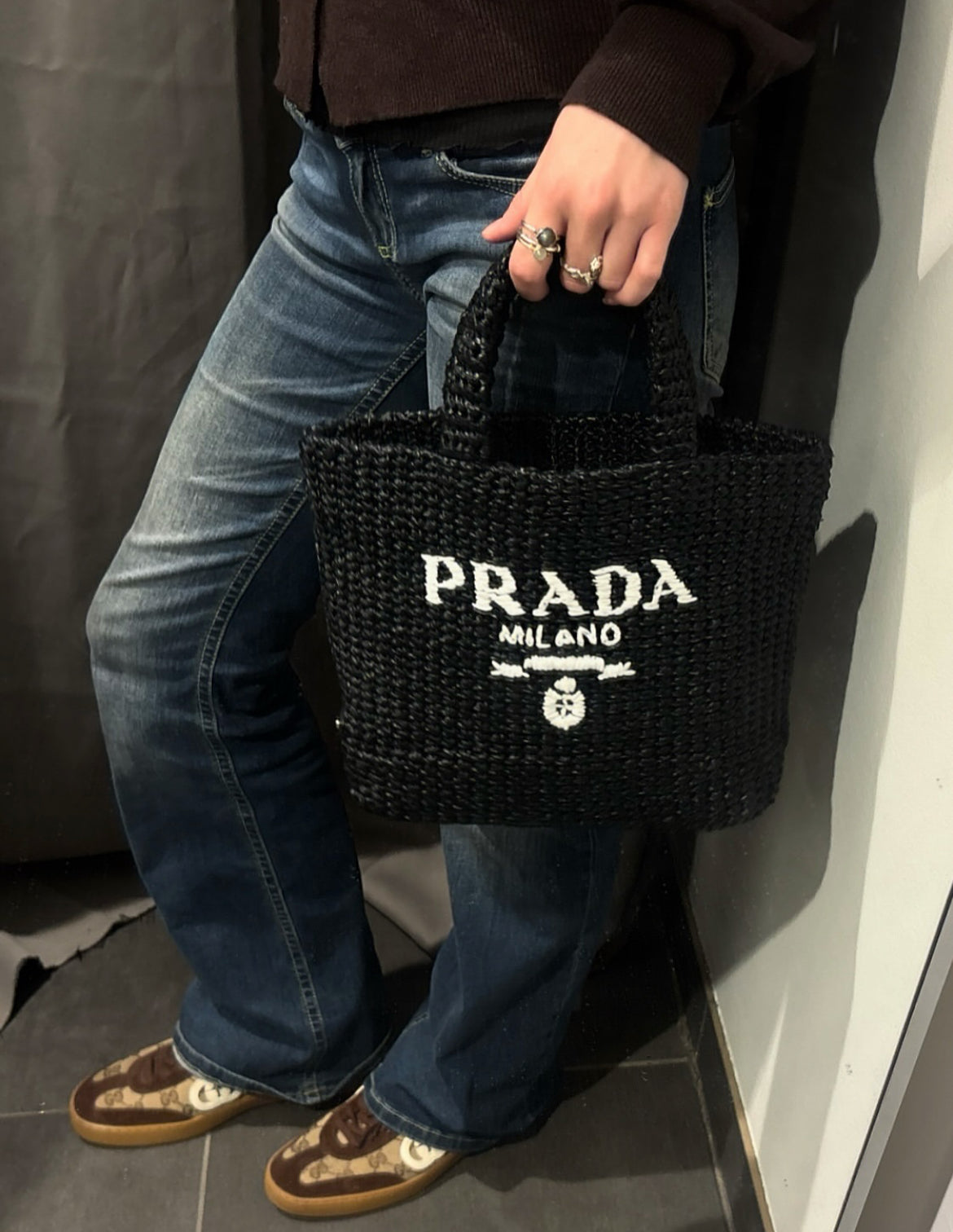 Prada Raffia Tote – Black with White Logo Text