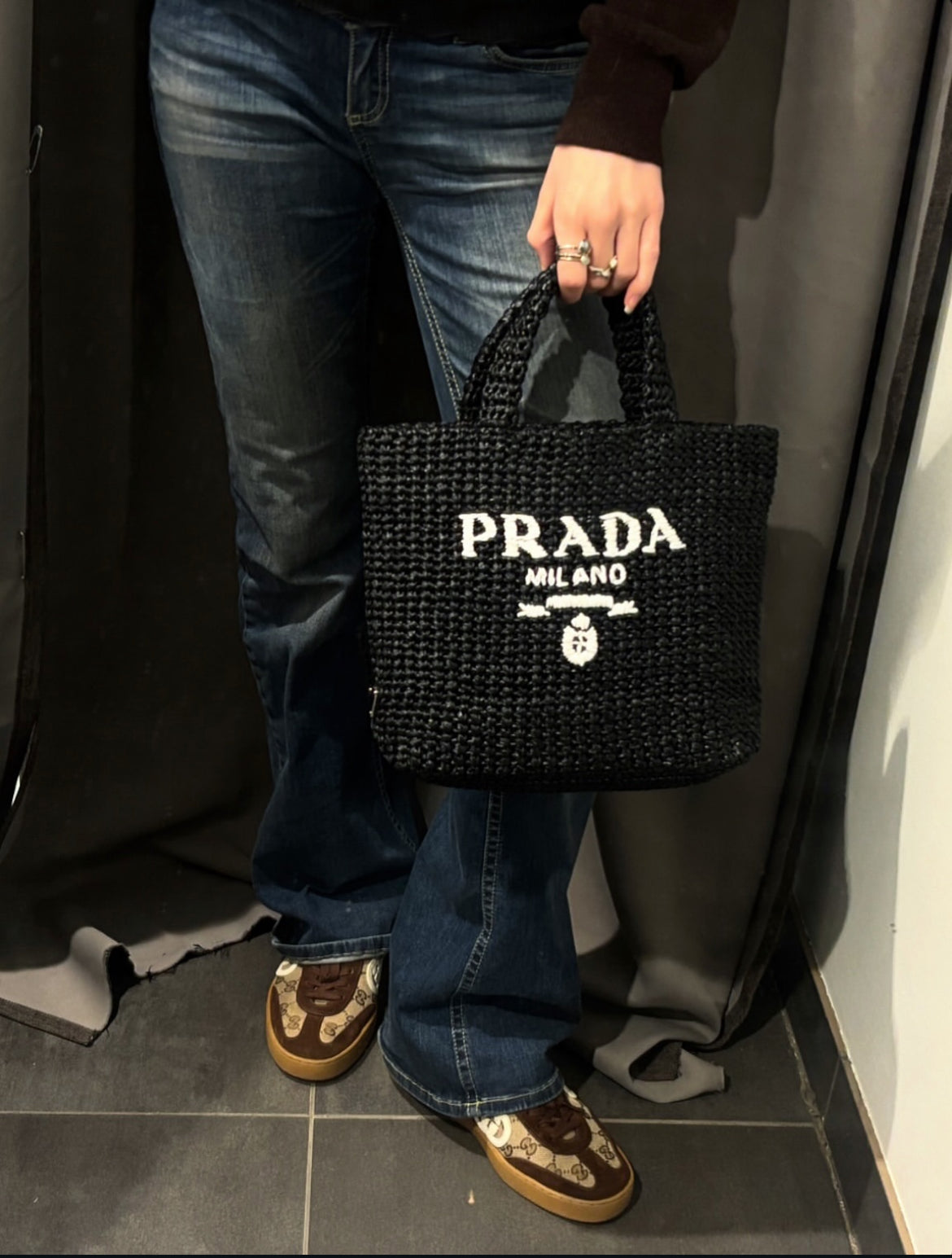 Prada Raffia Tote – Black with White Logo Text