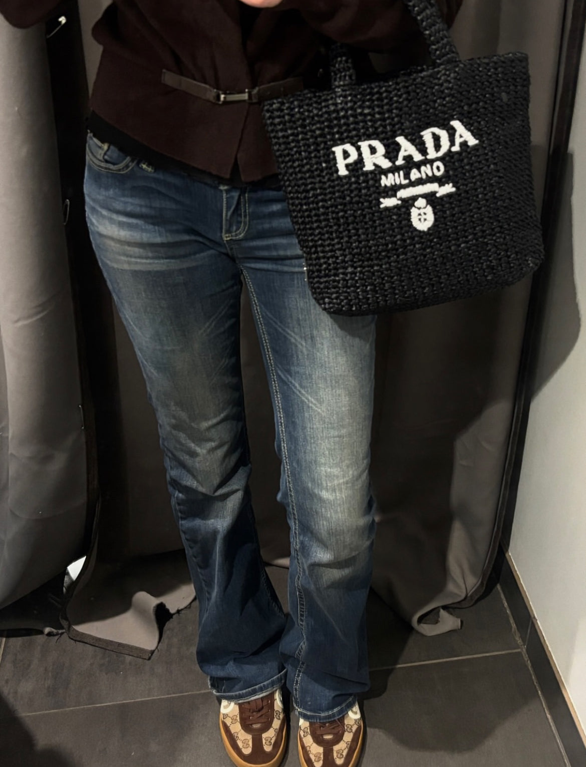 Prada Raffia Tote – Black with White Logo Text