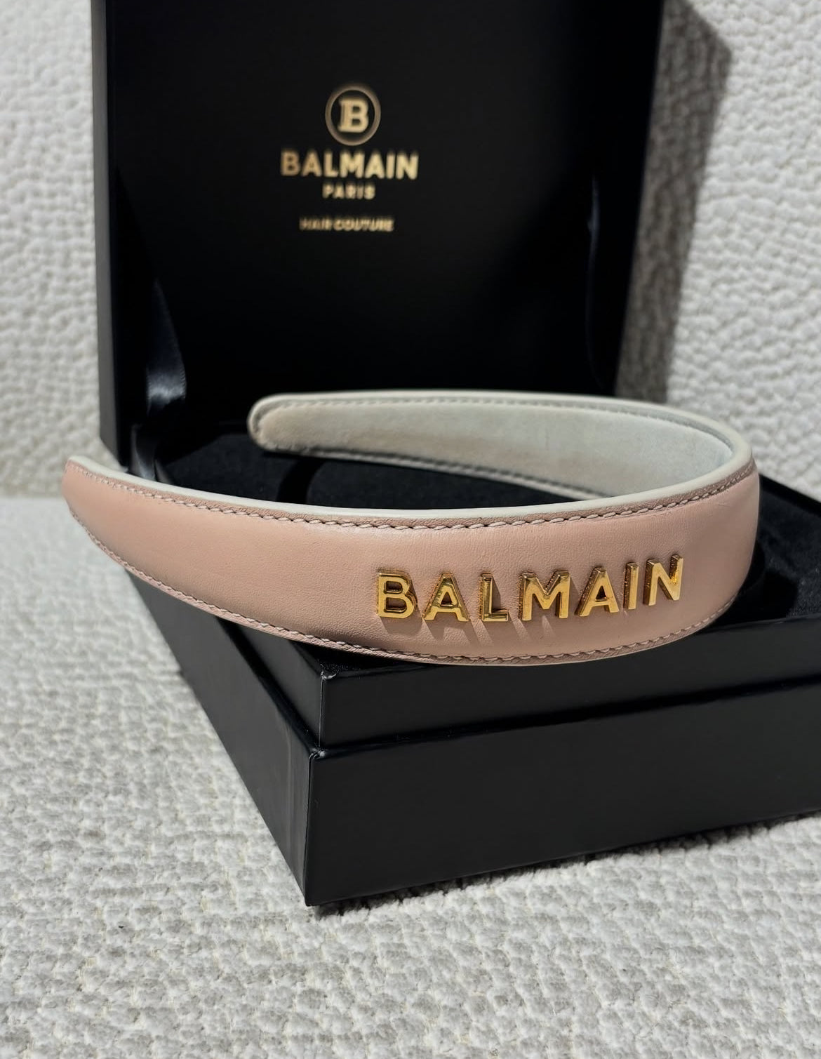 Balmain Headband - Soft pink leather & 18 Carat Gold Logo