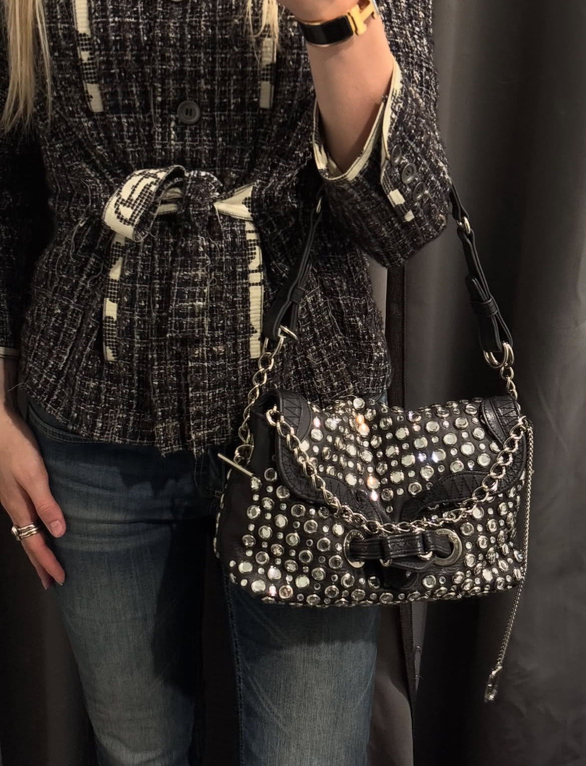 Sonia Rykiel - Black Leather Rhinestone Studded Shoulder Bag