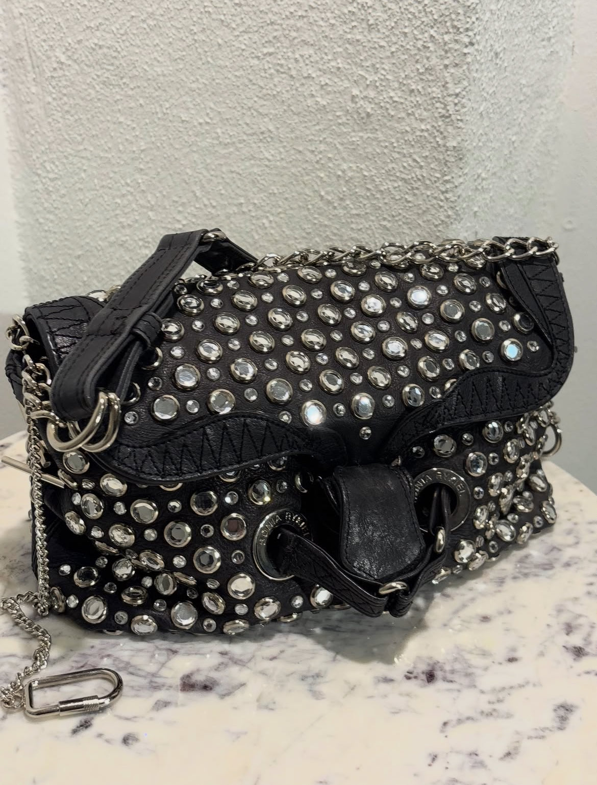 Sonia Rykiel - Black Leather Rhinestone Studded Shoulder Bag