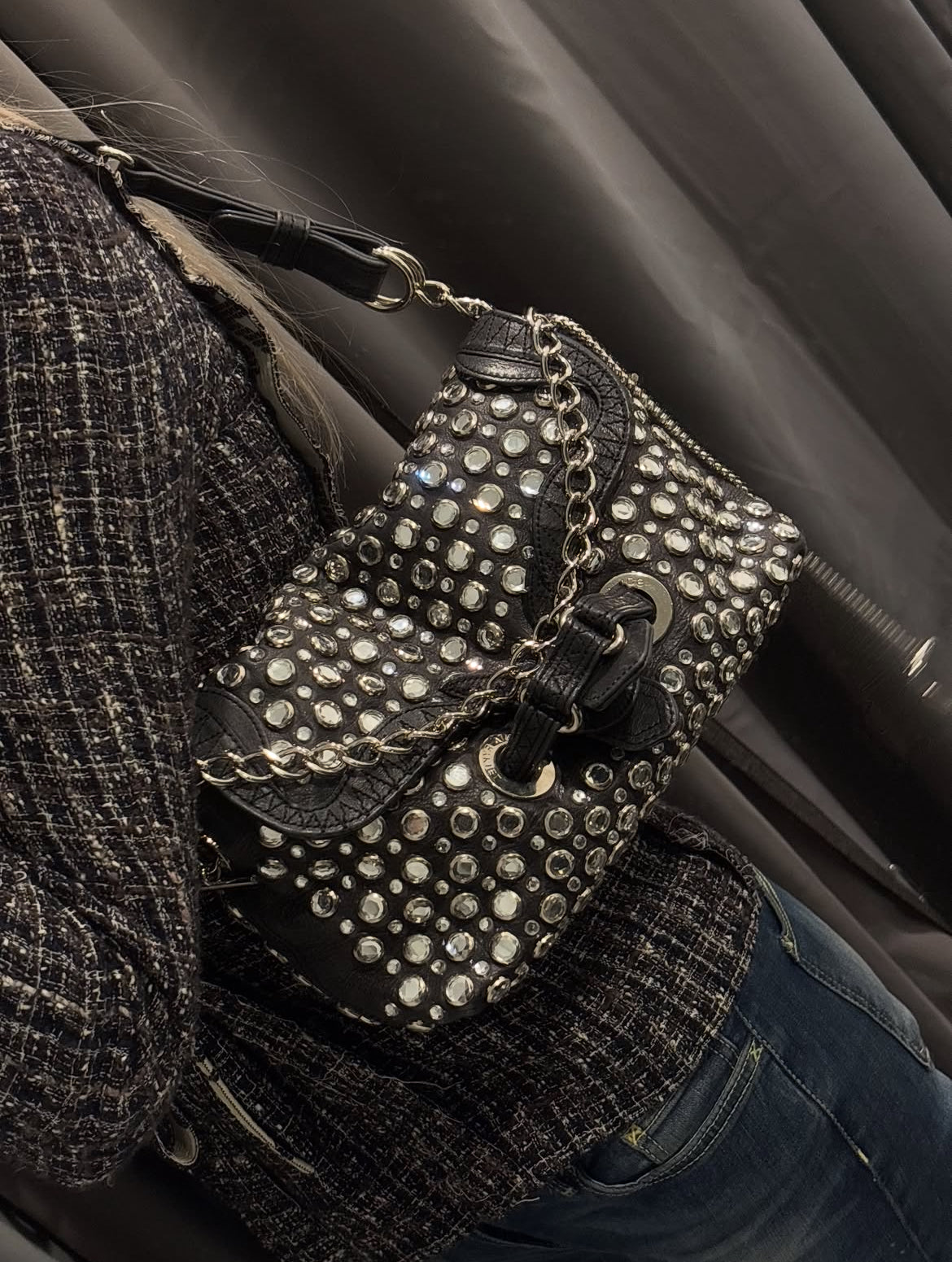 Sonia Rykiel - Black Leather Rhinestone Studded Shoulder Bag