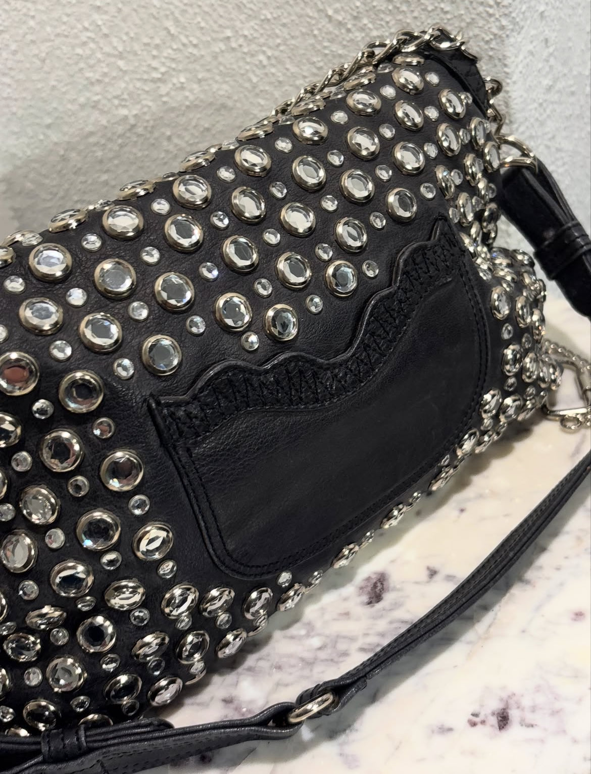 Sonia Rykiel - Black Leather Rhinestone Studded Shoulder Bag
