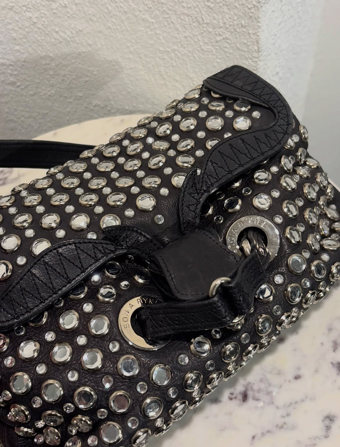 Sonia Rykiel - Black Leather Rhinestone Studded Shoulder Bag