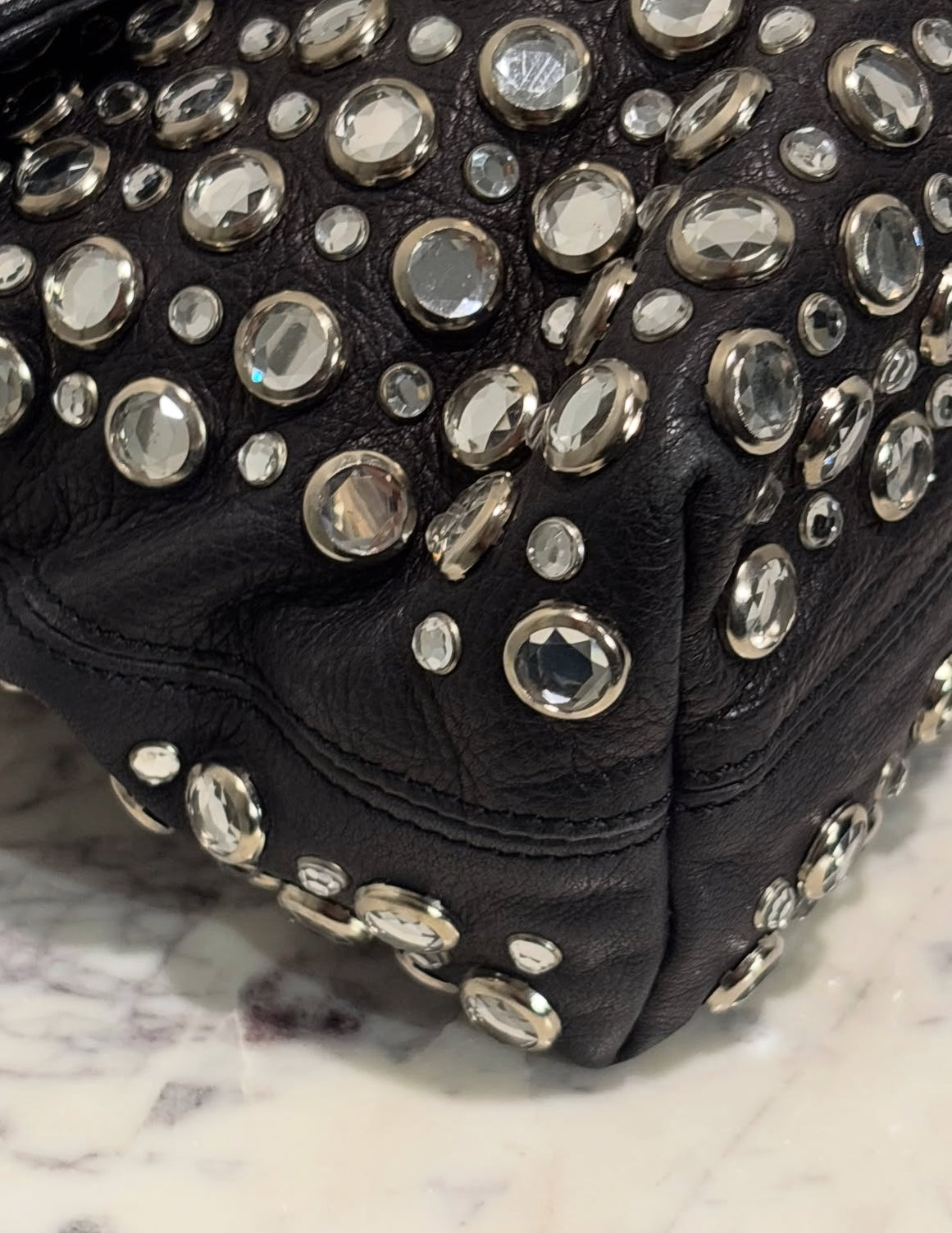 Sonia Rykiel - Black Leather Rhinestone Studded Shoulder Bag